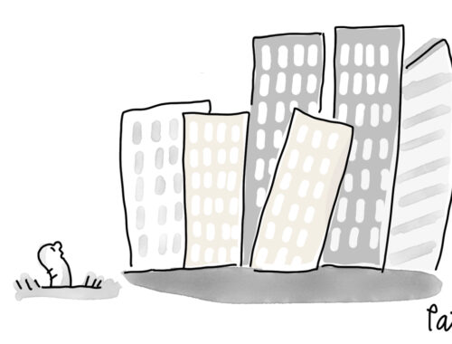 Vignetta di Pat Carra che ritrae un verme che guarda sbigottito un gruppo di grattacieli